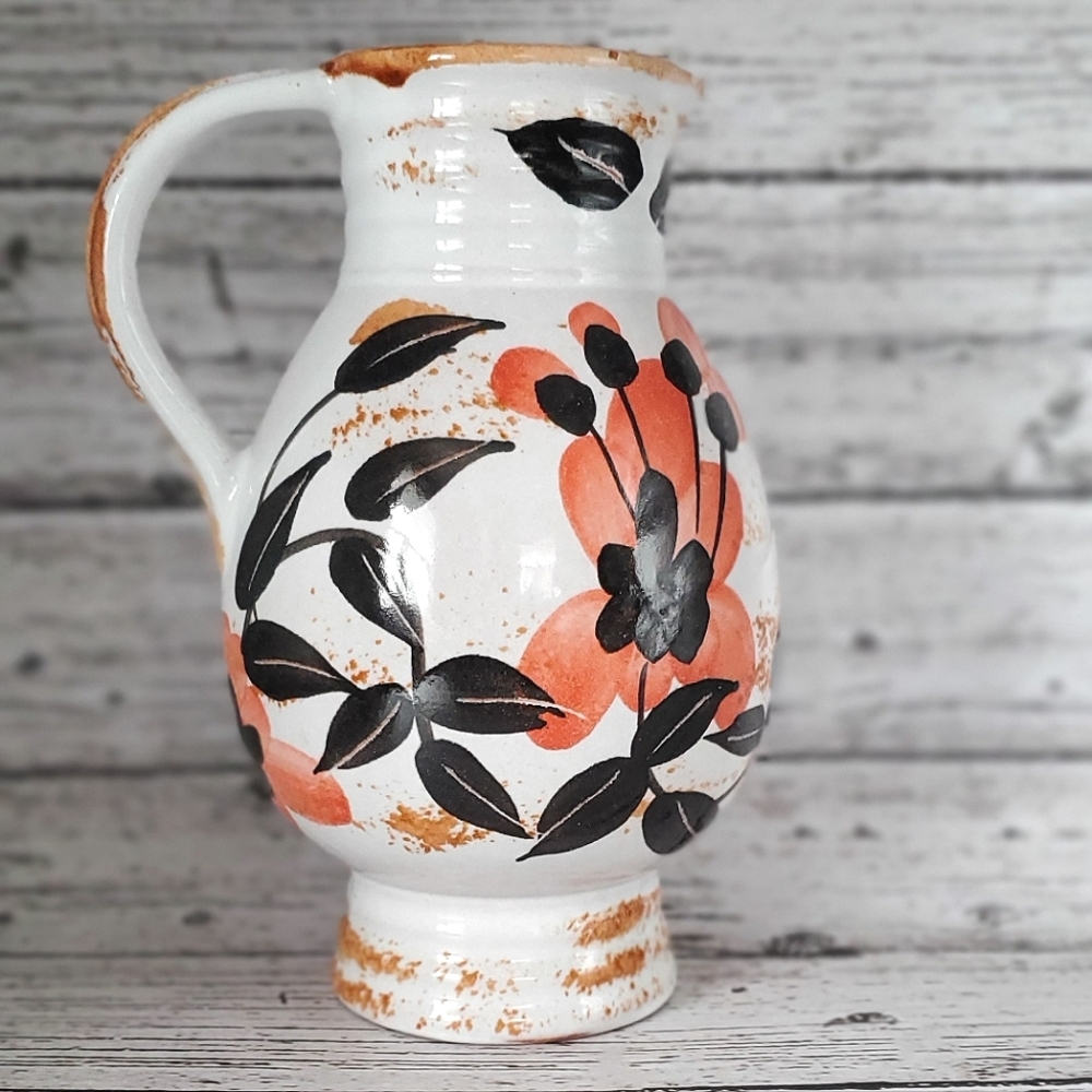 Black/Brown and Orange Ceramic Vase/ Jug with Artistic Floral Design